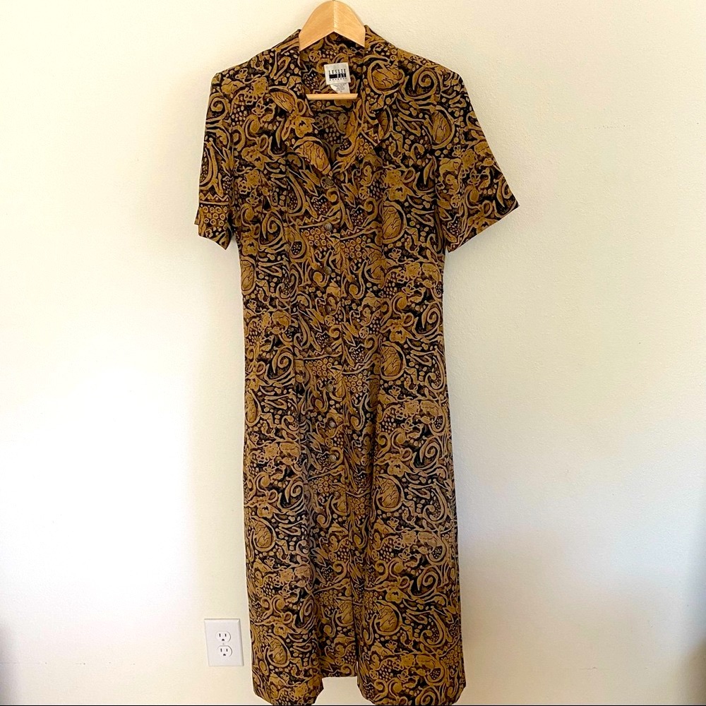 Vintage Printed Short Sleeve Button Down MIDI Dress Size 10
